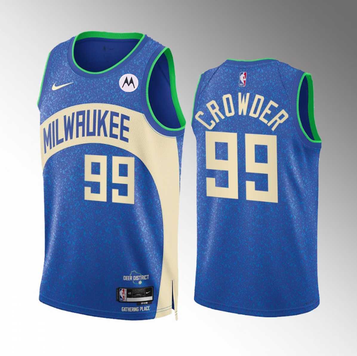 Mens Milwaukee Bucks #99 Jae Crowder Blue 2023-24 City Edition Stitched Basketball Jersey Dzhi